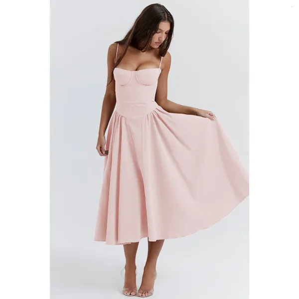 Lässige Kleider Boho inspirierte französische rosa Korsett Sunddress Square Hals Midi Kleid sexy ärmellose niedrig geschnittene Bustier -Gurte Sommer