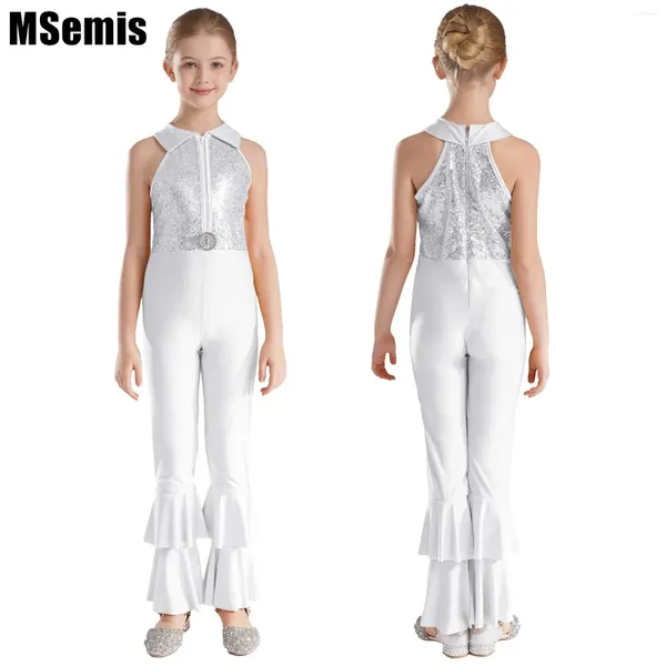 Mädchenkleider Kinder Mädchen glänzende Pailletten Tanz Trikots dekorierte Zipper-Jumpsuit ärmellose O-Ring Frontstufe Glockenboden Long Hosen