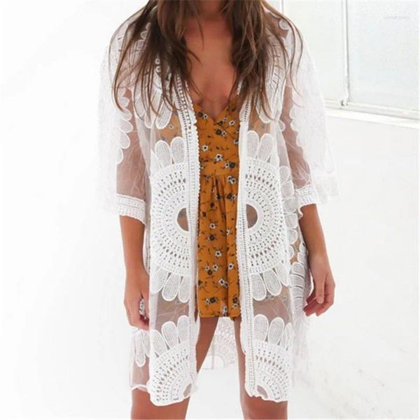 Swimsuit Lace Hollow Crochet Beach Bikini Cover Up 3/4 Sleeve Women Top Swimwear Dress White Cover-up Tunic Shirt