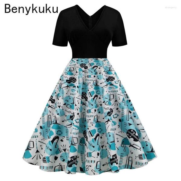 Partykleider Musical Note Print V-Ausschnitt Rockabilly Vintage-Kleid Retro Frauenkleidung Kurzarm Swing Pin up up up up up up up up up up