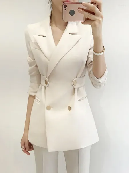 Ternos femininos 2024 Spring Women Suit Fashion Slim Fit Double Bolset Pocket Pocket coreano Color Solid Office Temperament Casual Casual Casual