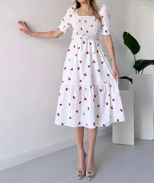 Платья для вечеринок женское элегантное платье 2024 Лето последнее свежее и сладкое модное припечаток вишневого припечатка Туника U-образное оборудование