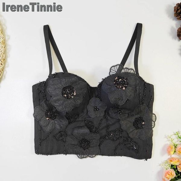Tanques femininos IRENE TINNIE Fashion Pearl Halter Top Top Bustier Flower Unh Nail Bad Camisas Corset Mulheres sem costas Y2K Tops ROPA DE MUJER