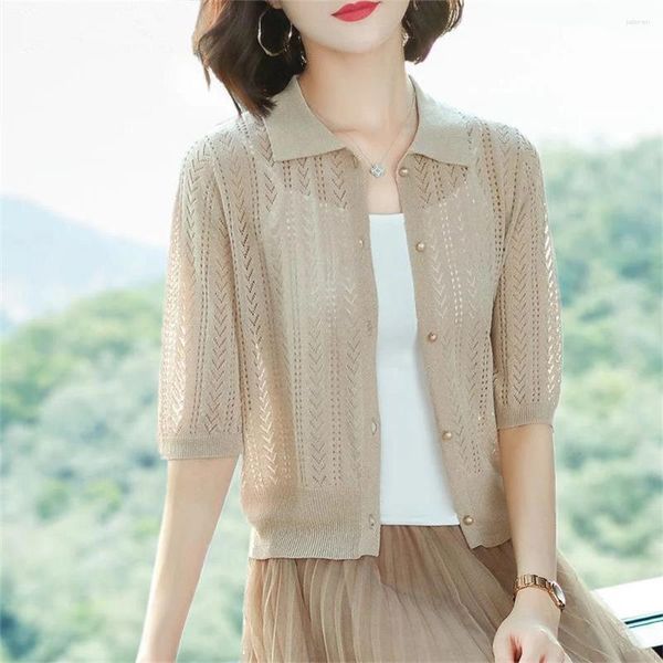 Maglie da donna 2024 Summer Hollow Out Mezzo manicotto Cardigan Donne Top Coat Short Causal Eleganti Giacche da maglieria Causal Elegante Giacca sciolta