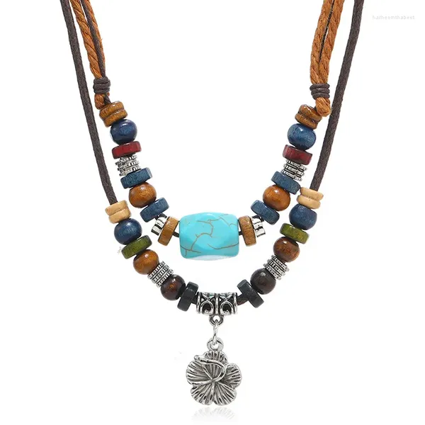 Подвесные ожерелья мужчина 2 слоя восковой веревочной ожерелье Bohemia Fashion Retro Creative Flower Loyed Sharm Jewelry