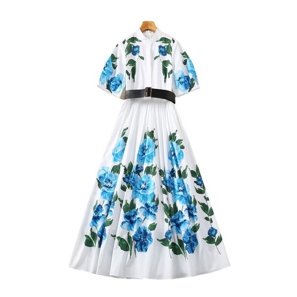 413 XXXL 2024 Milan Runway Dress Spring Summer Summer Sumvas curta Crew White Neck Dresses Long Dress Fashion Moda de alta qualidade