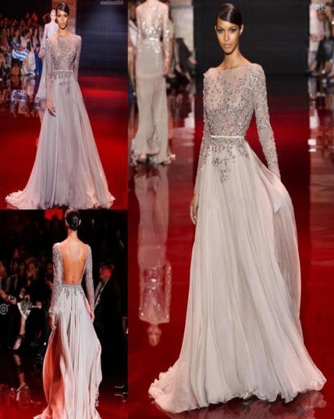 Elie Saab Chiffon Flow A Line Abiti da sera Pauli di paillettes perline a maniche lunghe Bateau Train Giorni di fine anno.