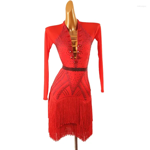 Bühnenbekleidung 2024 Red Latin Dance Wettbewerb Kleid Kleid Frauen Fransen Rock Party Mädchen Sportanzug Kostüm für Prom Ball