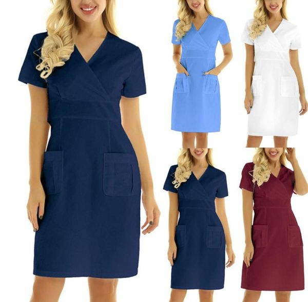 Mulheres que trabalham uniformes uniformes casuais de manga curta vneck vestido de bolso sólido mangas de animais de estimação vestidos de fantasia5501667