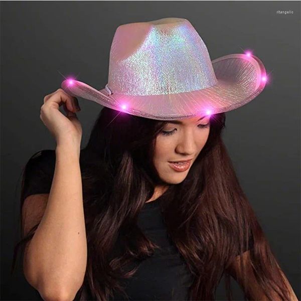 Beretti Western Style Cowgirl Hat Hat Retro Paiugine Led Light Brim Jazz Top Birthday Party Nightclub Felt Cowboy Cap for Men Women Women