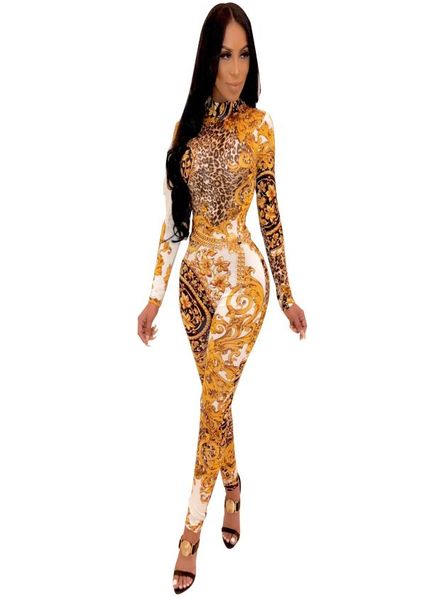 Novo estilo Autumn Women Bodycon Roupa One Piece Roupa Floral African Prip Zipper Sexy Long Pants Jumpsuit Romper Club Party Set3259677