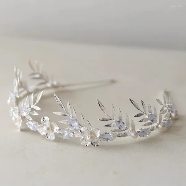 Saç klipsleri gelin mücevher inci kristal tiara kafa bandı yaprağı çiçek başlığı gelinler için gümüş renk headdress düğün aksesuarları