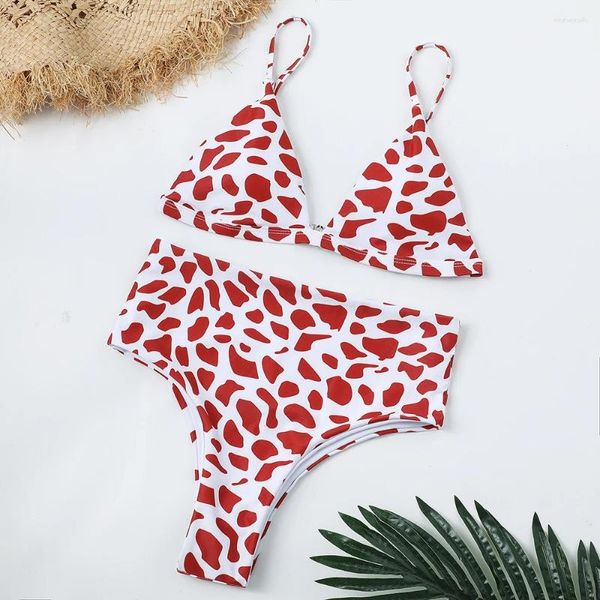 Menas de banho feminina High Cut Sexy Red Leopard Bikini cinto de maiô feminino Feminino acolchoado Push Up Bathing Beach Use Biquinis