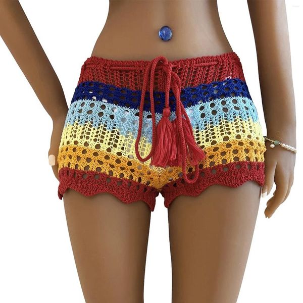 Shorts femminile Donne Knit Beach Summer Bikini Bottoms Abbigliamento all'uncinetto Schermo di contrasti Stripe in trasferta trasparente