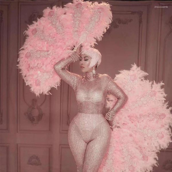 Bühnenbekleidung Pink Kreativität Sänger Dancer Kostüm Strass Stretch Bodysuit Feather Lüfter Kopfschmuck Nachtclub Gogo Dance VDB3932