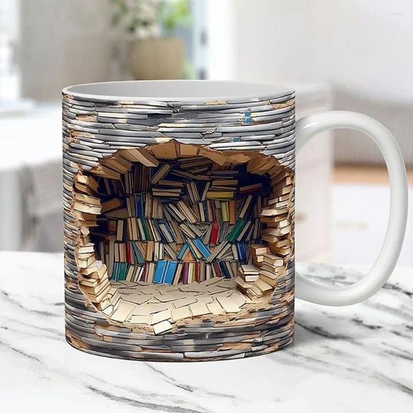 Canecas 3D Bookshelf Creative Creative Ceramic Water Cup com Handle a Library Space Design Book Looks Coffee Birthday Gift