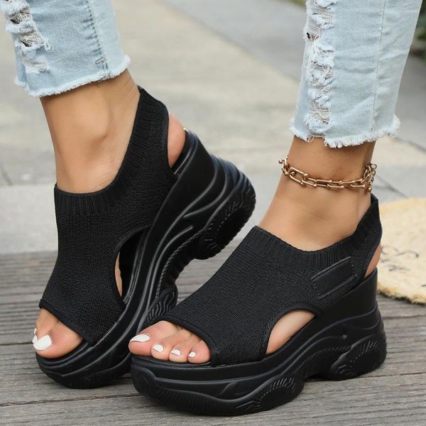 Vestido sapatos sandálias femininas 2024 Summer Wedge Heel de pano elástico capa de pé de sola grossa de sola