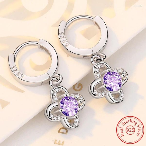 Brincos de balanço Original Solid 925 Sterling Silver Crystal Zircon Flower Jewelry Grop for Woman XY0058