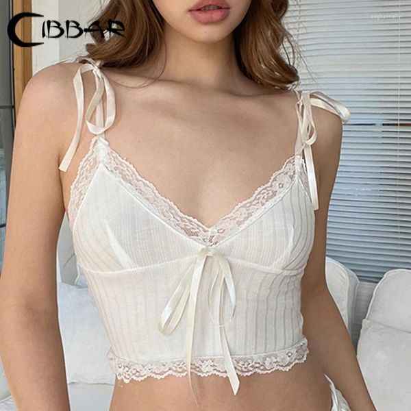 Tanques femininos Cibbar Bandagem branca Spaghetti Strap top chic renda roched costurada sem mangas brow tops mulheres verão fofo coquette sexy