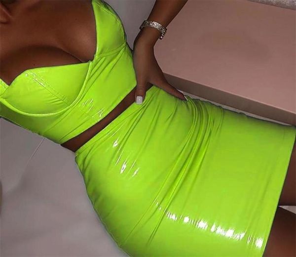 Bkld Pu Leder 2 zweiteilige passende Sets Frauen sexy Low Out Crop Tanktops Bodycon Rock 2020 Mode Neon Green Summer Outfits T6065869
