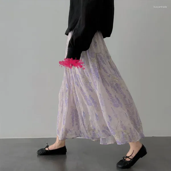 Gonne floreali viola di fascia alta per donne Cake Cake Fairy Skirt Abbigliamento a-line slim coreano lungo jupe femme