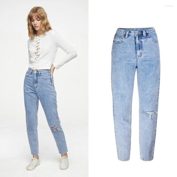 Jeans da donna primaverilo in alto elastico uomo magro foro maschile strappato denim vestiti vintage azzurri azzurro