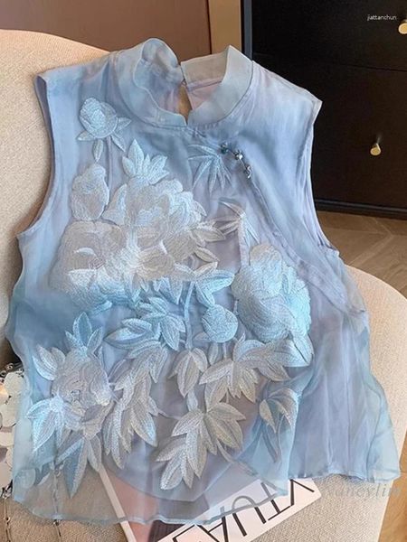 Camicette da donna blu in stile cinese ricamo da ricamo da diagonale camicia in chiffon 2024 Summer National Sleeveless Top