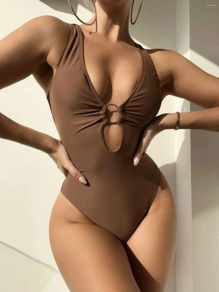 Costumi da bagno femminile solido taglia un costume da bagno a un pezzo per donne sexy femminile a V Monokini 2024 abiti da bagno da bagno nuotare