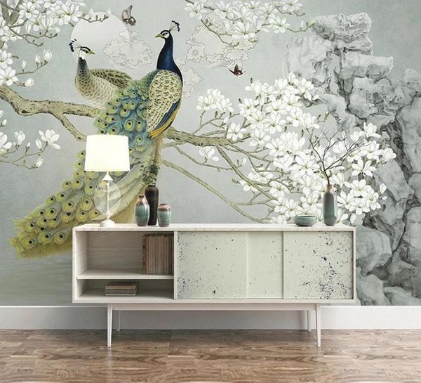 Custom Mural Self Adhäsive Tapete 3D Peacock Magnolia Blumen Gemälde Studie Wohnzimmer Hintergrund Wohneinrichtung Wasserdichte Tape1097035