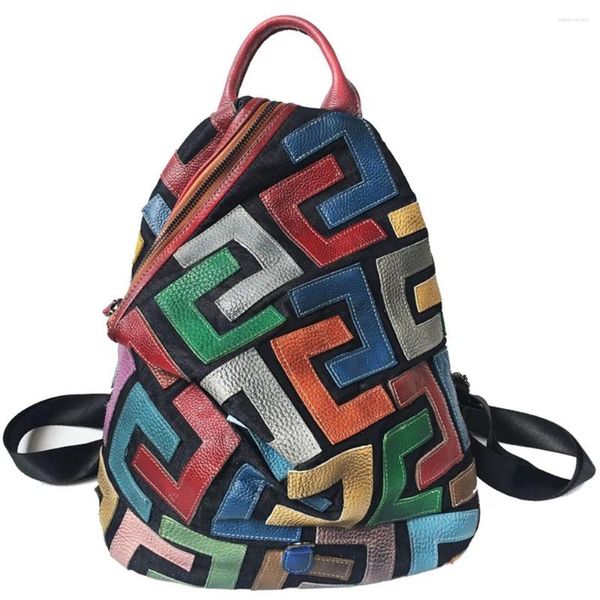 Bolsa de bolsas escolares Bolsa de couro genuíno Viagem de pacote de ombro duplo camada superior MS MS SACO Splicing Contraste Color Casual Moda