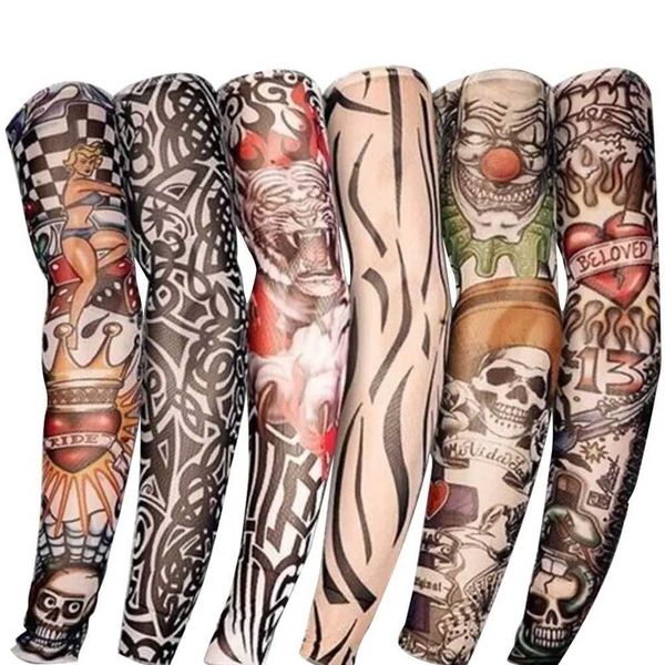 Mangas de braço de mangas 2 novo nylon elástico Fake temporário mangas de tatuagem Design Braços corporais Meias Tatuagens Q240430