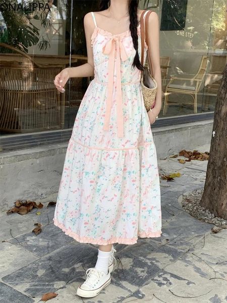 Vestidos casuais Onalippa Sweet Floral Pink Bolo de verão Vestido de verão Bow manga alta cintura alta uma linha maxi coreana ouvido bainha kawaii vestidos