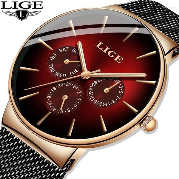 Armbanduhr Lige Fashion Mens Uhren Top Quarz Uhr Männer Mesh Stahl wasserdichte ultradünne Armbanduhr für Sportuhr