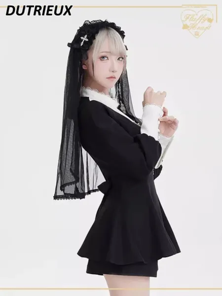 İş elbiseleri Japon kız siyah bacak koyun eti kollu gömlek elbise şort takım elbise 2024 yaz culottes iki parçalı set kadın outifits