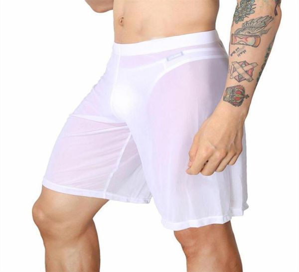 Cueca boxer shorts homens roupas íntimas sexy malha sono de fundo pijama long gay maricas transparente calcinha fofa u bolsa white4359512