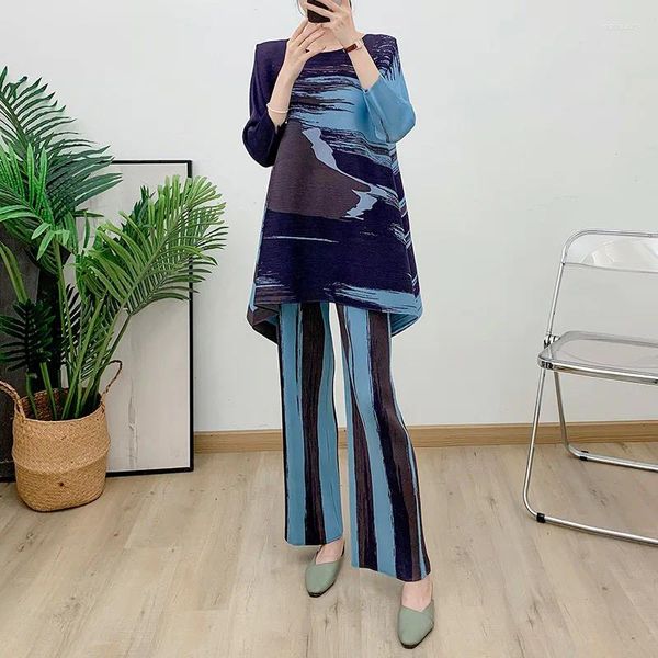Frauen zweisteuelische Hosen Miyake plissierte gedruckte Set 2024 Sommertinte Großer Hemt Top lässig gerade 2-teilige Plus-Größe Frauen Kleidung
