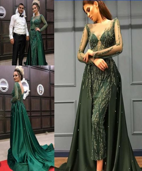 Eremald Green Crystal Prom Festzug Königin Kleider mit Überwachung 2018 Ziad Nakad Sheer Perlen Hals Langarm Langarm Luxus Abend Kleidung 3673654