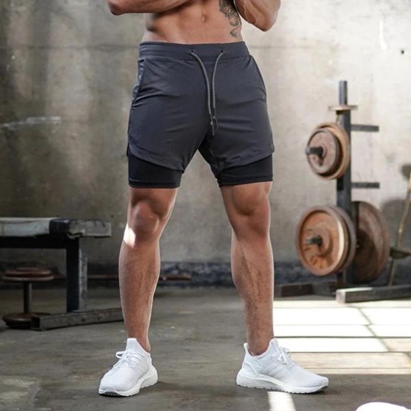 Shorts masculinos fitness moda respirável 2 em 1 ginásio rápido de dois andares treino de corrida