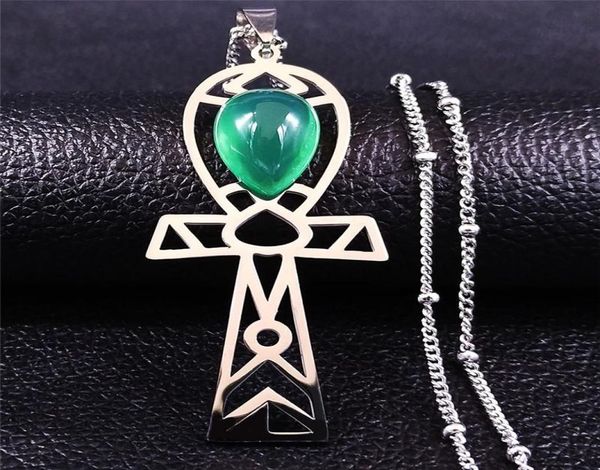 Ägyptisches Kreuz Edelstahl Grüne Stein Charme Halskette für Frauen Silber Farbe Schmuck Collier Femme NXS04 Anhänger Halsketten5134854