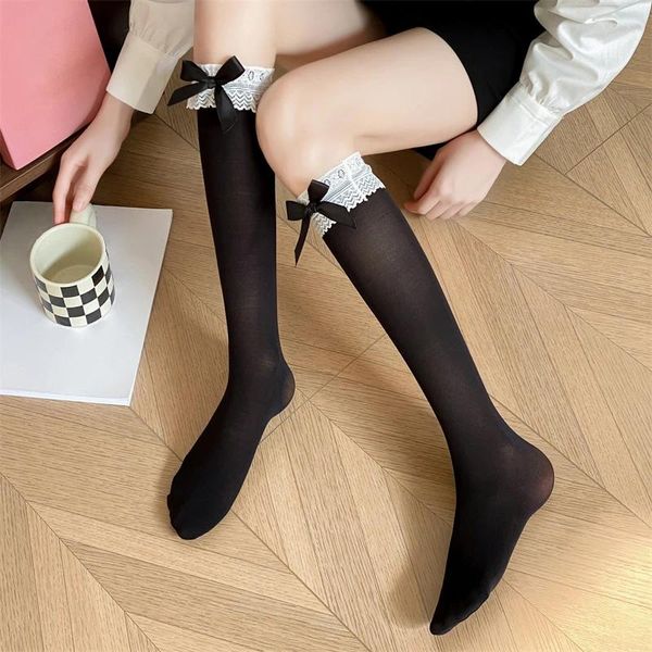 Kadın Çorap Uzun Yaz İnce Dantel Yay Japon tarzı Kadın Çorapları Yumuşak Basit Tatlı Diz Yüksek Gevşek Siyah Beyaz