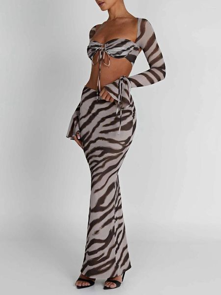 Lässige Kleider Frauen S 2 -Stück Rock Set Langarm Zebra Print Binde Tops Bodycon Outfits Hohlauslöschte Maxi Sets