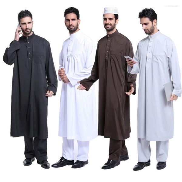 Roupas étnicas dubai árabe islâmico muçulmano masculino jubba thobe túnica longa tópicos de 2 peças tampos e calças saudi musulman conjuntos de vestir roupas