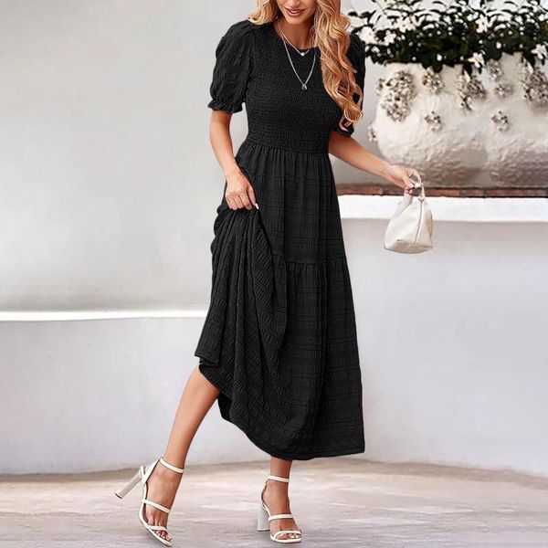 Vestidos de festa, mulheres elegantes vestido de verão cor sólida cor de cintura casual casual manga curta de manga curta Flowy Ruffle Boho Maxi Restas femininas