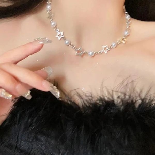 Corean Fashion Hollow Star Pearl Choker Collana per donne Sweet Aesthetic Charm Braccialetti harajuku Trend Y2K Jewelry 240429