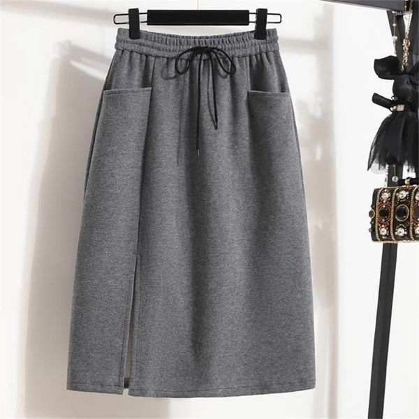 Gonne M-3xl Fashion Grey Elastic Elastic High Wons Womir Korean Wons Women 2024 Autunno inverno lungo lacci a-line Fall Female Fall