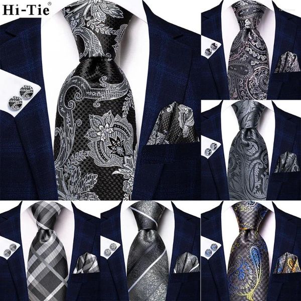 Bow Blecken Hi-Tie White Grey Blumen 2024 Herren Binde Hanky Manschettenknall Set Seiden Krawatte für Männer Hochzeitsfeier Business Modemarke Marke