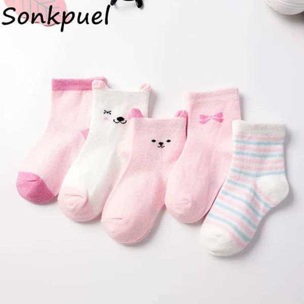 Kids Socken 5 Paare/Los Basis Design Feste Farbe Weiche Mesh Sommerstimmung Baumwollknit Süßes Mädchen Baby Socken Kinder Junge Neugeborene Kleinkindsocken Y240504