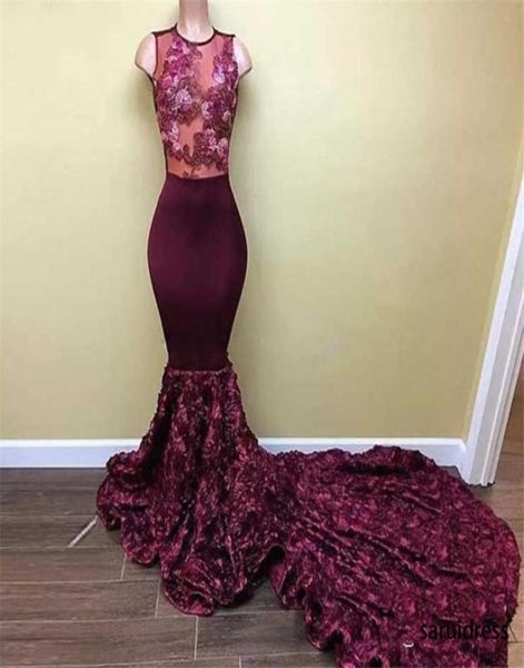 Шикарная 3D Rose Flower Sweep Train Prom Plants Appliques Формальное платье для вечеринки великолепные африканские бургундии длинные платья по выпускному выпускному