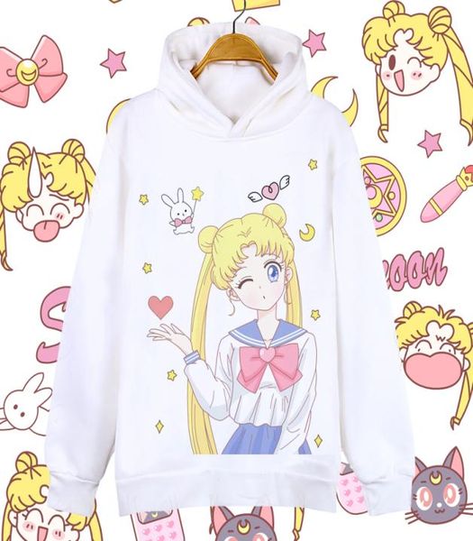 Мода Sailor Moon Hoodies Мультфильм Женщины Длинные белые печатные каваи -пальто пальто толщины с гусеницей толстовки с толщиной толщиной с гусени