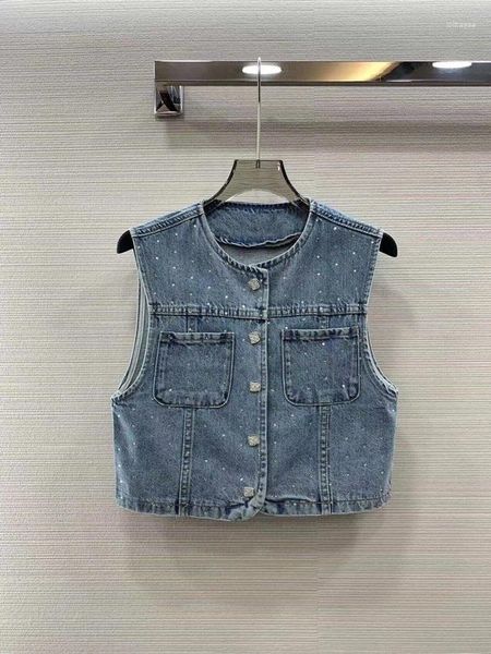 Jackets femininos 2024 Moda sem mangas sexy casual diamante bolso de bolso de jeans curto colete top 0421